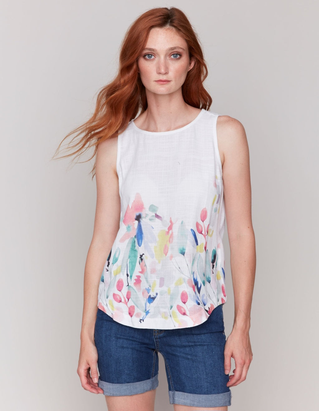 Charlie B Border Print Sleeves Crew neck Woven Top with Rounded Hem
