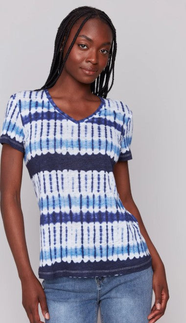 Charlie B Printed Short Sleeves V Neck Linen Tshirt