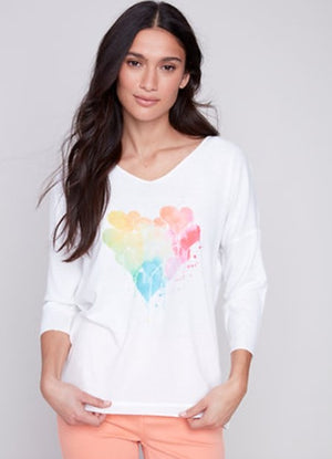 Charlie B Printed Heart 3/4 sleeve V-Neck Top