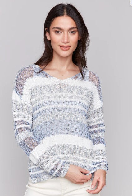 Charlie b Long Sleeve V Neck Novelty Yarn Sweater Denim color