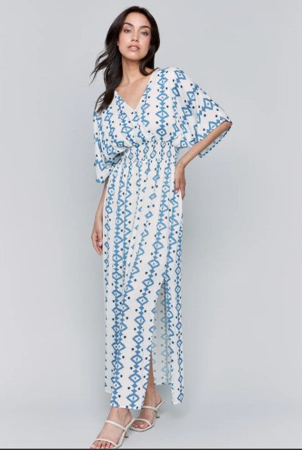 Charlie b Printed Dolman Short Sleeves Maxi Dress With side slit