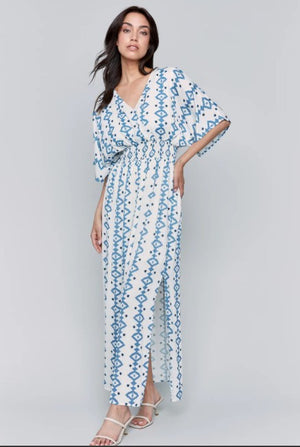 Charlie b Printed Dolman Short Sleeves Maxi Dress With side slit