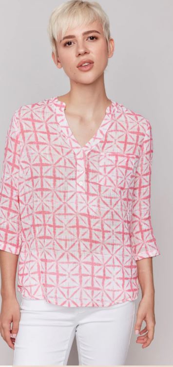 Charlie B  Printed Roll Up Cotton sleeve Blouse