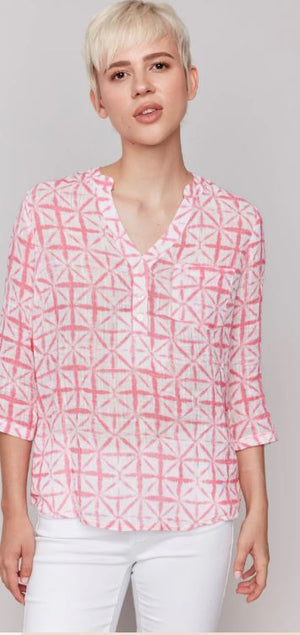Charlie B  Printed Roll Up Cotton sleeve Blouse