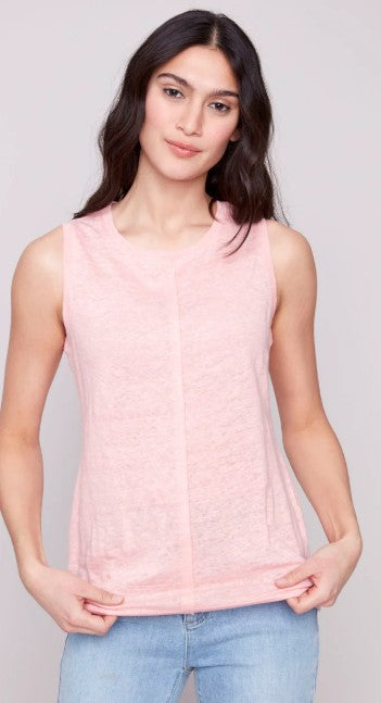 Charlie B Solid Sleeves Guava Round Neck Linen Blouse