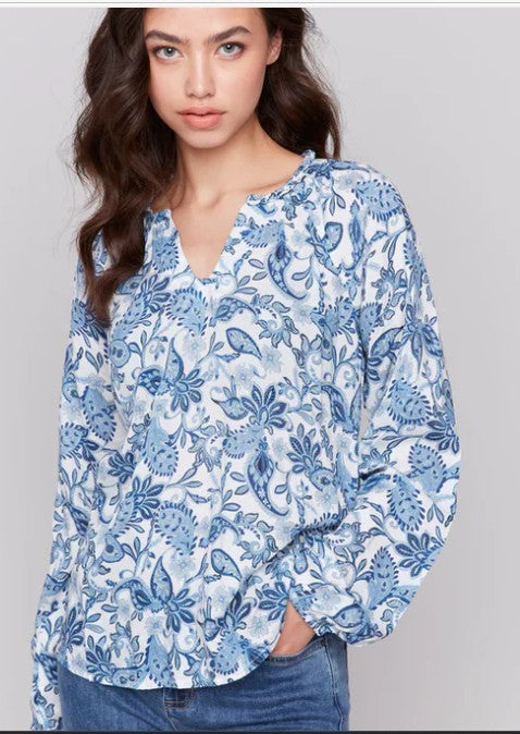 Charlie B Printed Raglan Long Sleeves Popover Blouse