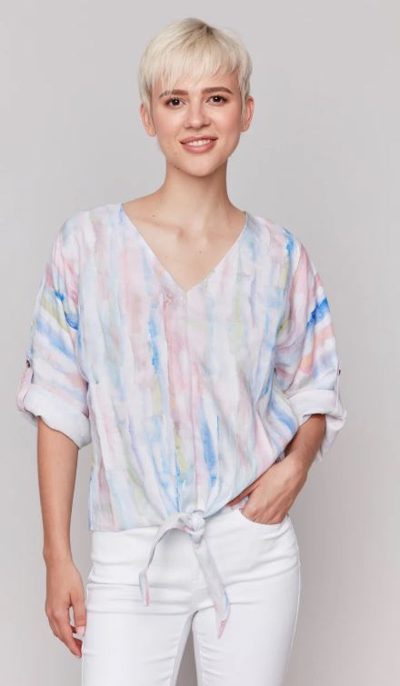 Charlie B Printed Dolman 3/4 Sleeve Top with Front Tie