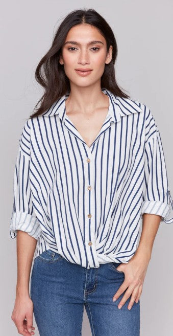Charlie B Striped Roll Up Long Sleeve Blouse with Front Tie