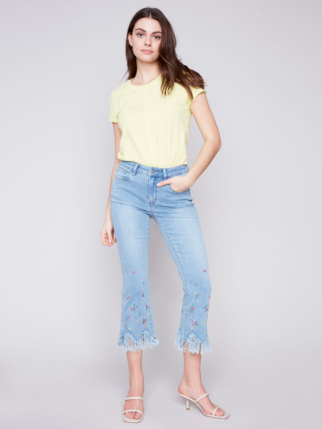 Charlie B Embroidered Bootcut Leg Pant with Fringe