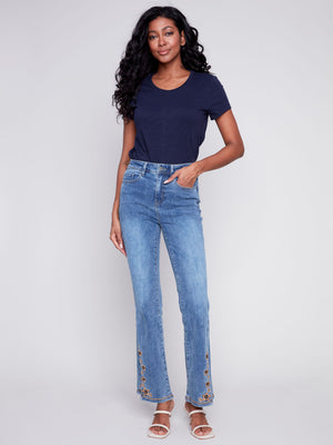 Charlie B Embroidered slit Bell Bottom Denim Pant