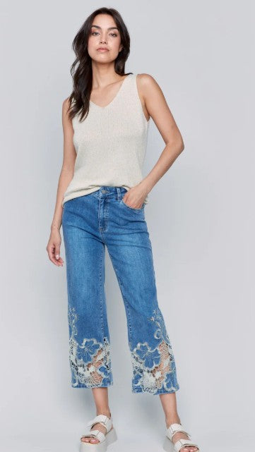 Charlie B Lace Side Cut Flare Leg Pant