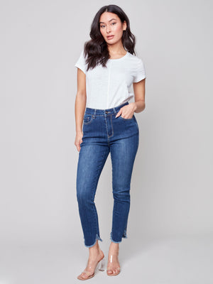 Charlie B Indigo Denim Pant With Tulip Frayed Leg Opening