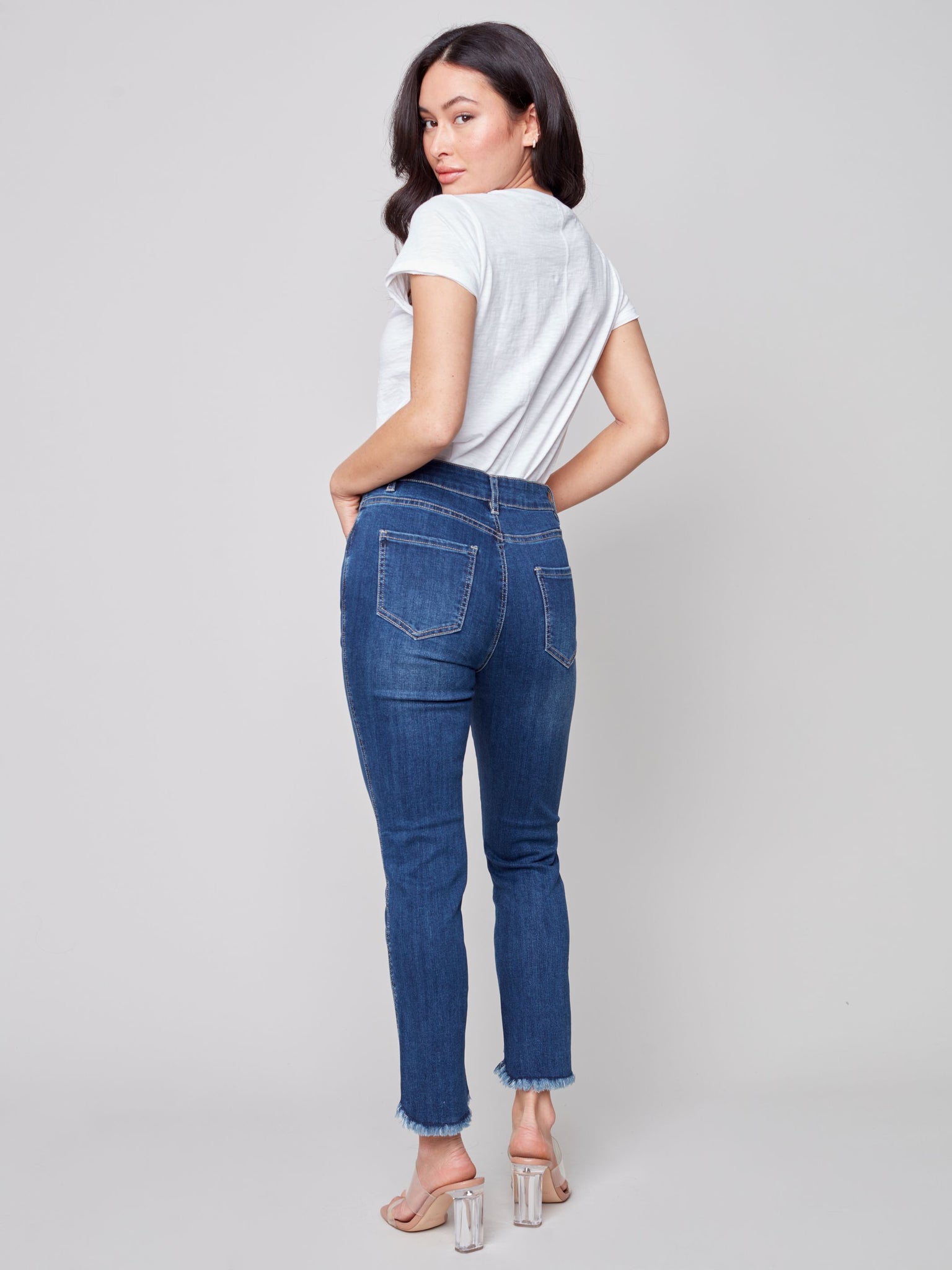 Charlie B Indigo Denim Pant With Tulip Frayed Leg Opening